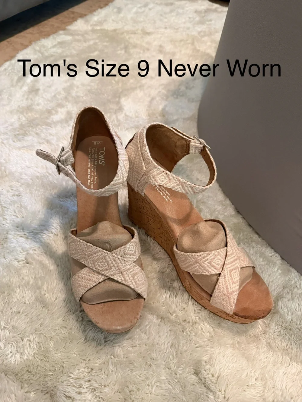 TOMS Natural Beige Woven Espadrille Ankle-Strap Wedges